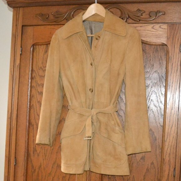 Vintage New England Leather Jacket XS/S Tan SUEDE Belted Mod Boho - Picture 1 of 10